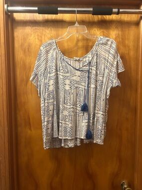 Relaxed Cream Blouse with Blue Boho Print and Tassel Tie